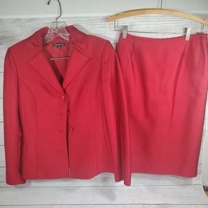 Tahari 2 Piece Skirt Suit Wool Silk Blend Red Blazer Lined Vintage Size 4